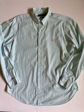 Ralph Lauren Men’s Teal and white Striped Button-Down Shirt with pink logo
